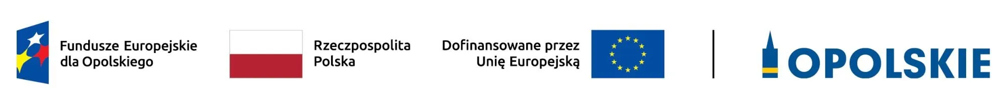 Logotypy Funduszy Europejskich dla Opolskiego, Rzeczypospolitej Polskiej oraz Unii Europejskiej z napisem Współfinansowane przez Unię Europejską